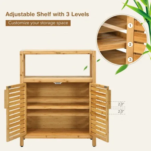 2-door Bamboo Floor Cabinet Storage Organizer with Open Shelf Adjustable Shelf