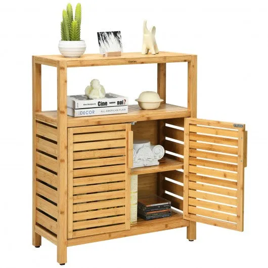 2-door Bamboo Floor Cabinet Storage Organizer with Open Shelf Adjustable Shelf