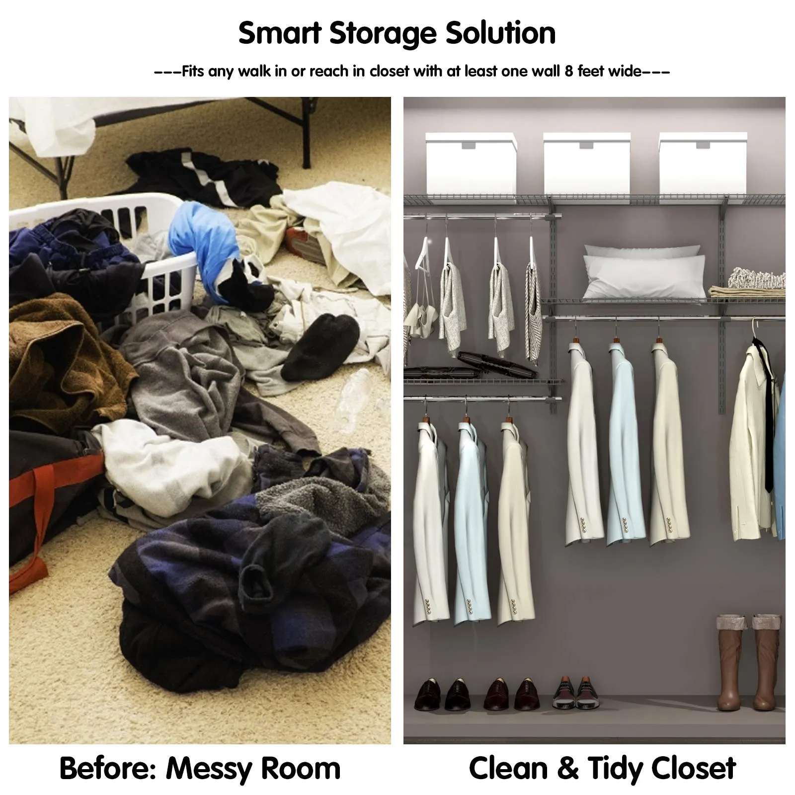 3 to 5 FT Custom Closet Organizer System Kit, Wall-Mounted Storage Organizer with Wire Shelving and Hanging Rods