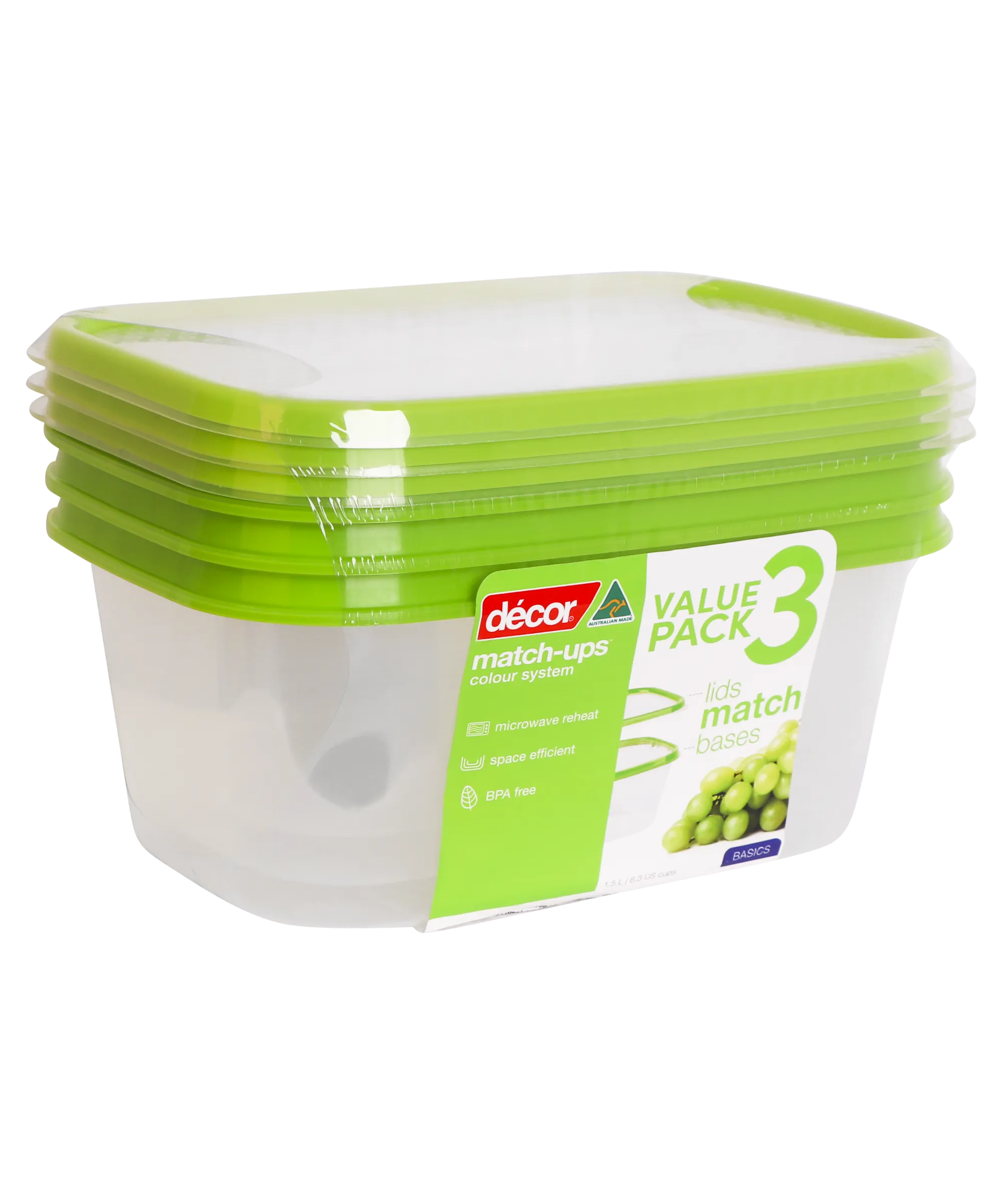 Basics Food Container Oblong, Green, 1.5L, 3pk
