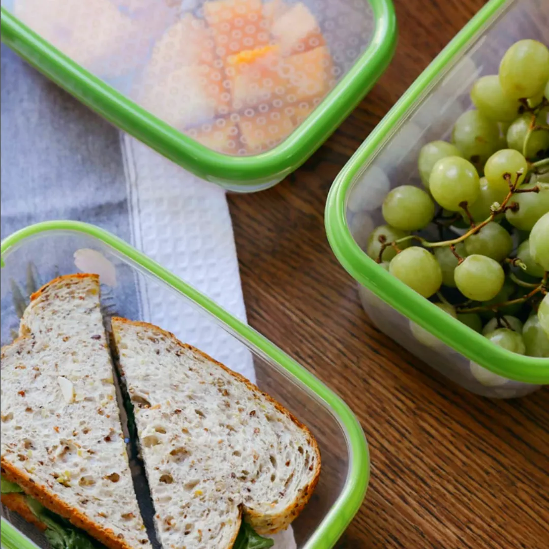 Basics Food Container Oblong, Green, 1.5L, 3pk