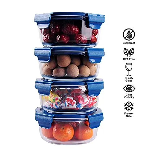 GRACIOUS MART Air Tight Glass Storage Container For Kitchen,Borosilicate Meal Prep Glass Food Storage Round Lunch box Oven Microwave Safe Containers (6)