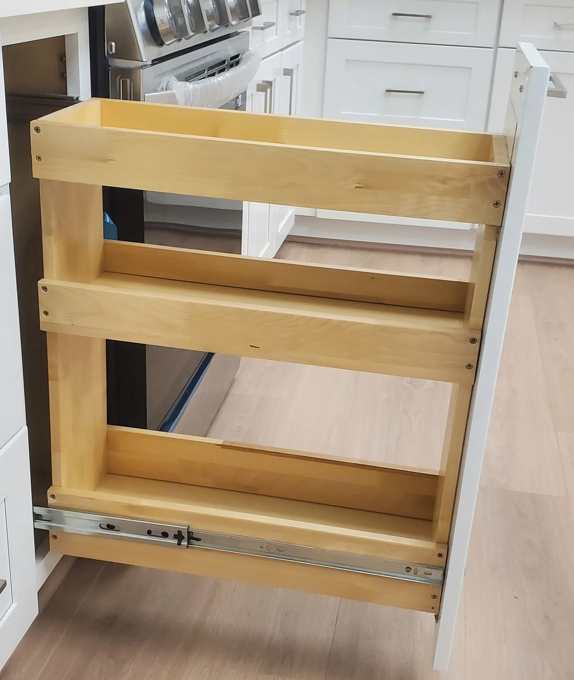 Gray Shaker 1-1/4" Overlay Spice Rack Pullout Base Cabinet 9" & 12" Wide