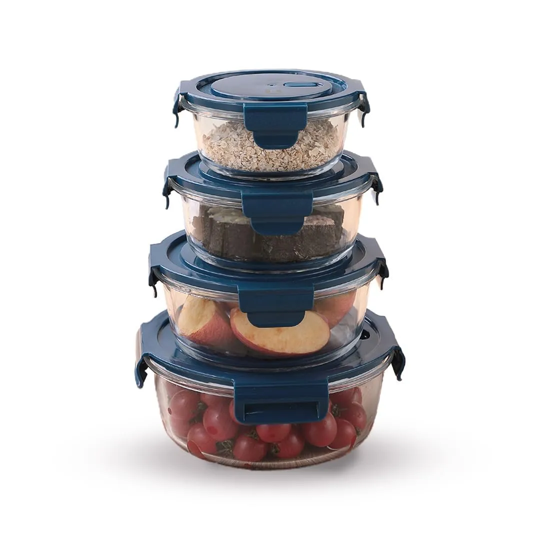 Heart Home Kitchen Containers | Air Tight Containers for Storage | Microwave & Freezer Safe Box | Kitchen Organizer with Lid | Round Contaniner | JINGDA015 | Set of 4 | Blue