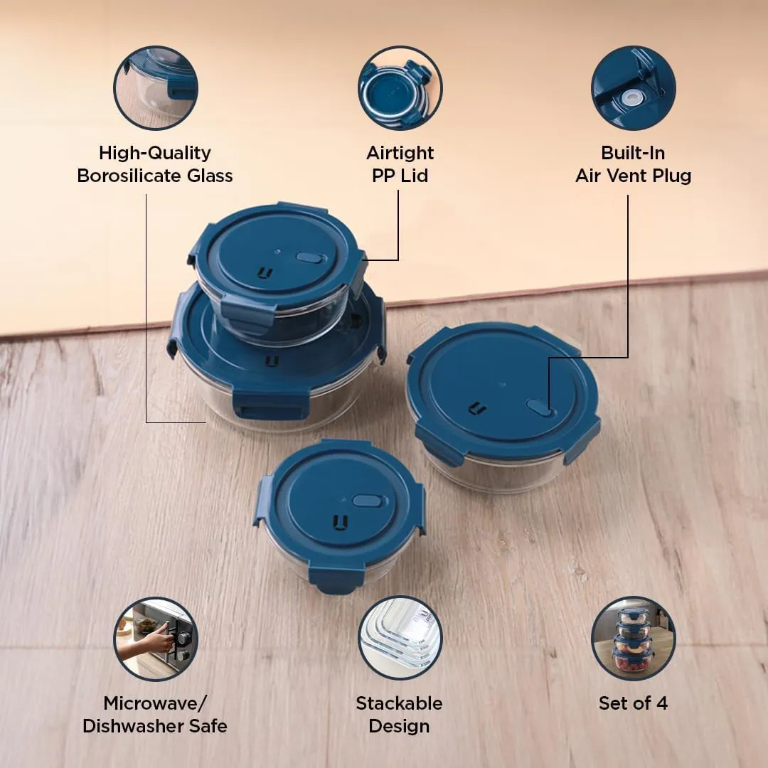 Heart Home Kitchen Containers | Air Tight Containers for Storage | Microwave & Freezer Safe Box | Kitchen Organizer with Lid | Round Contaniner | JINGDA015 | Set of 4 | Blue