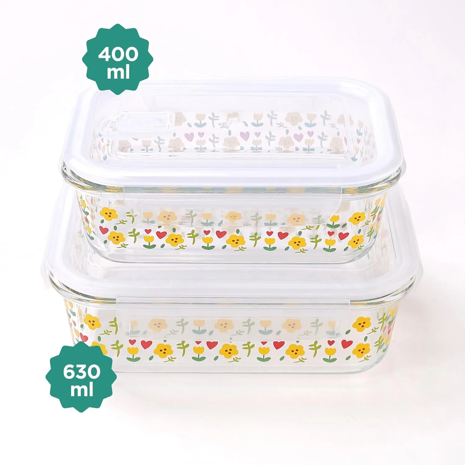 Homestic Borosilicate Printed Container With Lid (Rectangular) | JDA053-MUL | Transparent | Pack Of 2
