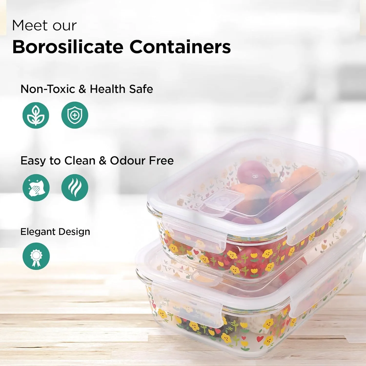 Homestic Borosilicate Printed Container With Lid (Rectangular) | JDA053-MUL | Transparent | Pack Of 2