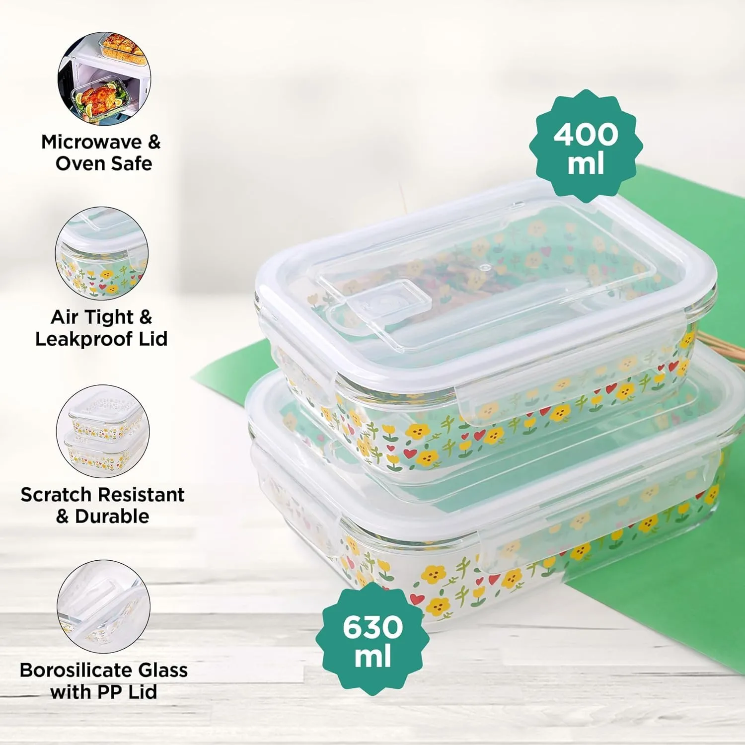 Homestic Borosilicate Printed Container With Lid (Rectangular) | JDA053-MUL | Transparent | Pack Of 2