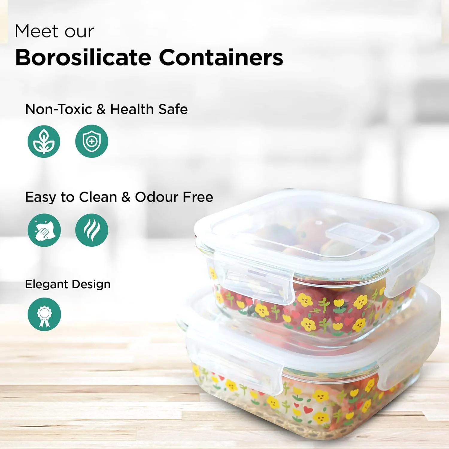 Homestic Borosilicate Printed Container With Lid (Square) | JDA052-MUL | Transparent | Pack Of 2