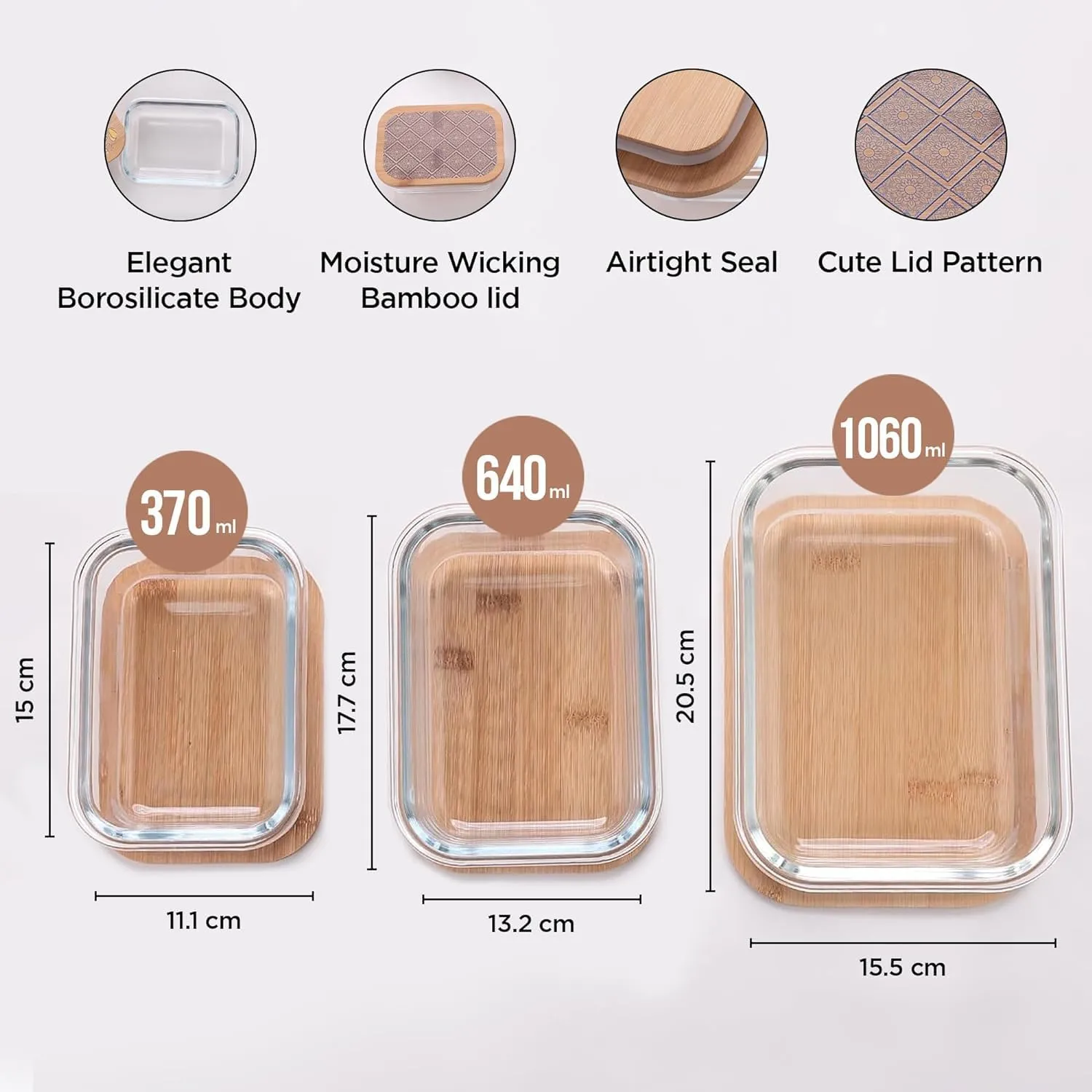 Homestic Pack of 3 Borosilicate Glass Containers with Bamboo Lid | 370ml 640ml 1060ml | Airtight Rectangular Fridge Storage Boxes | Glass Jars for Cereal, Dry Fruits | Blue Pottery Print