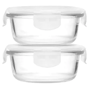HOMIES, Set of 2 Pieces, Round Glass Airtight Food Storage Containers/Lunch Box with Lid, Size: S: 930ml Each, Dimension: 185x88 mm, Clear