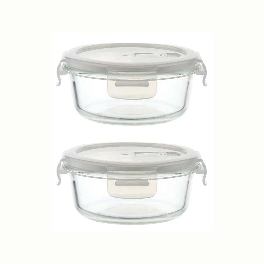 HOMIES, Set of 2 Pieces, Round Glass Airtight Food Storage Containers/Lunch Box with Lid, Size: S: 930ml Each, Dimension: 185x88 mm, Clear