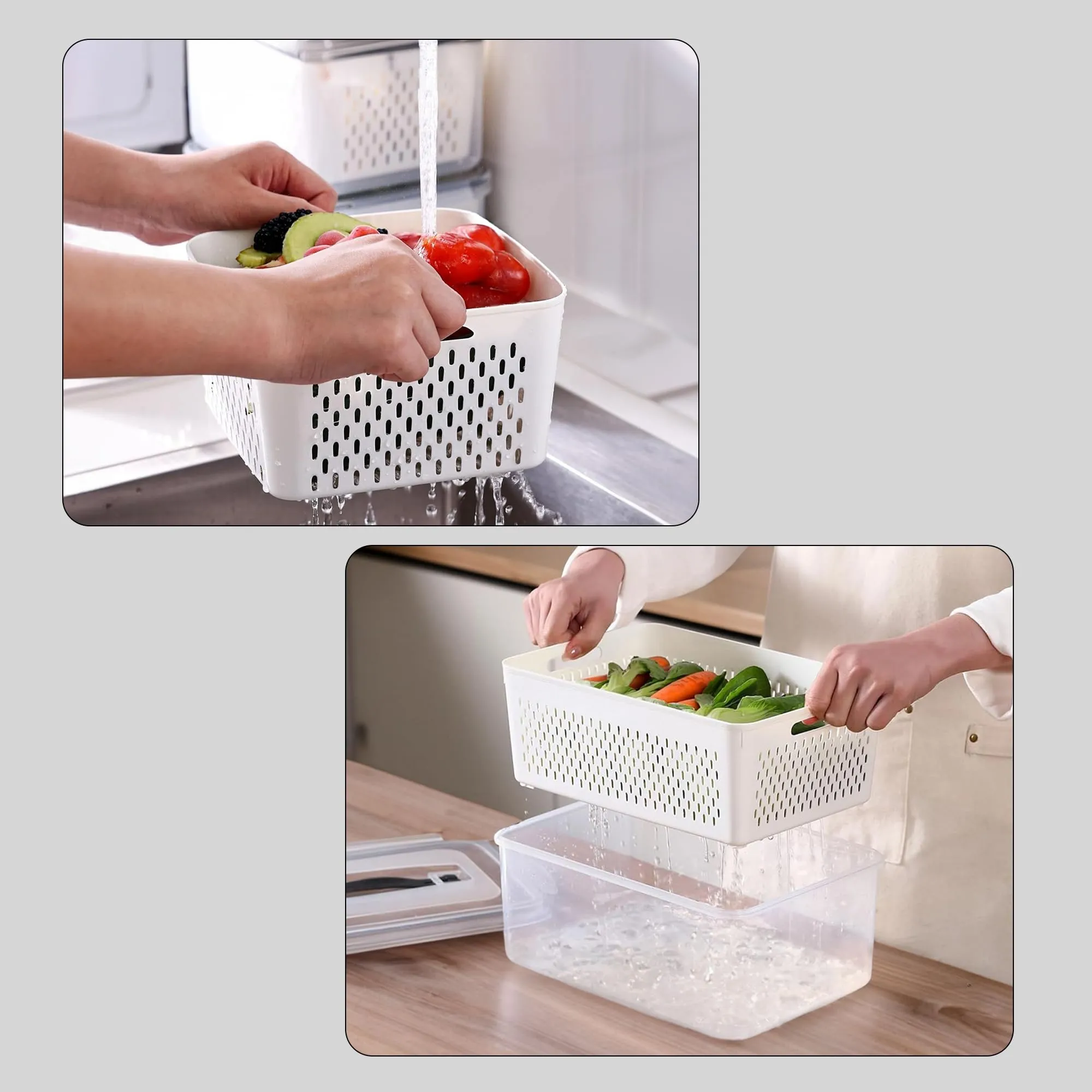 Kuber Industries 18 Pcs Food Containers | Storage Box for Fridge | Vegetable Fruit Boxes | Refrigerator Storage Box | Containers With Lid | Handheld Strainer Basket | HXP00740 | Transparent|Pack of 6