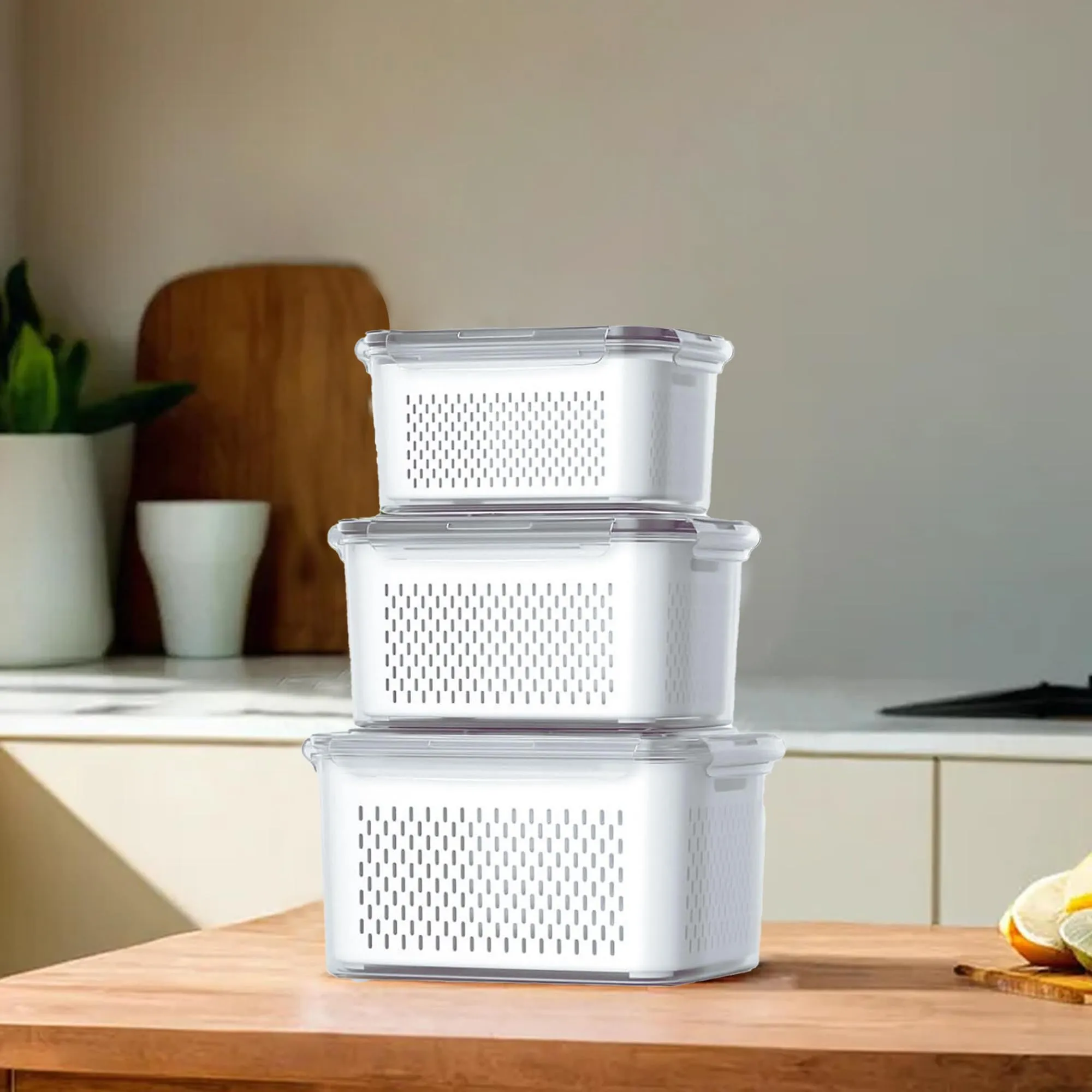 Kuber Industries 18 Pcs Food Containers | Storage Box for Fridge | Vegetable Fruit Boxes | Refrigerator Storage Box | Containers With Lid | Handheld Strainer Basket | HXP00740 | Transparent|Pack of 6