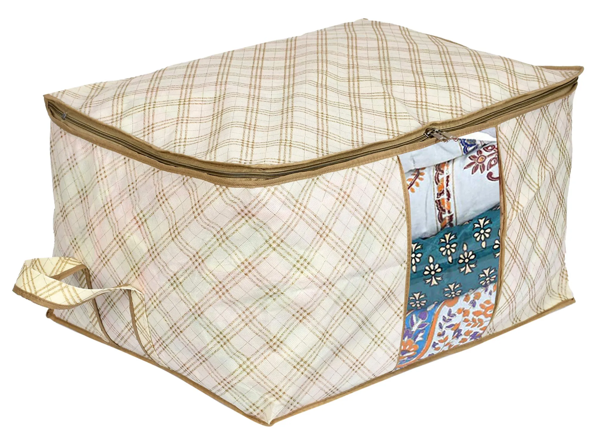 Kuber Industries Metalic Checkered Print Foldable Clothes Storage Bag Wardrobe Organizer Non Woven Fabric for Comforters,Blankets,Bedding with Sturdy Zipper,Clear Window (Set of 2,Ivory)-KUBMART16584