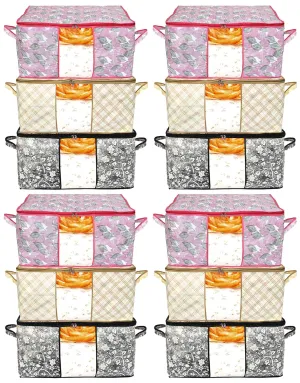 Kuber Industries Metalic Print Non Woven 12 Pieces Underbed Storage Bag,Cloth Organiser,Blanket Cover with Transparent Window (Ivory & Black & Pink)-KUBMART16665