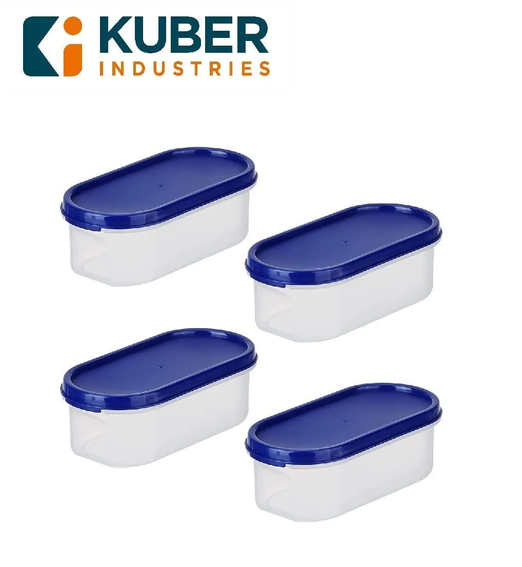 Kuber Industries Plastic Storage Containers With Lid|Set of 4, 500 ml|Airtight, Stackable, Spill-proof, Travel-friendly|Transparent with Blue Lid|For Dry & Wet Food Pickle, Spices,Dryfruits(Pack Of 4)