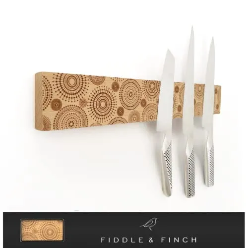 Magnetic Strip Knife Holder – Etched Wood Knife Rack or Bar with Hardware for Hanging & Wall Mounting. – Kitchen Utensil Organizer & Storage by Fiddle & Finch, 16 Inch. Circle Design