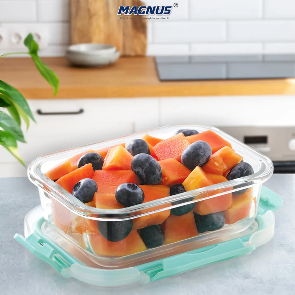 Magnus Glock Glass Food Rectangle Container with Break-Free Detachable Lock, Borosilicate Glass Lunch Box, Oven & Microwave Safe, 370ML - Kitchen Essentials, Lunch Boxes for Office Men | Green
