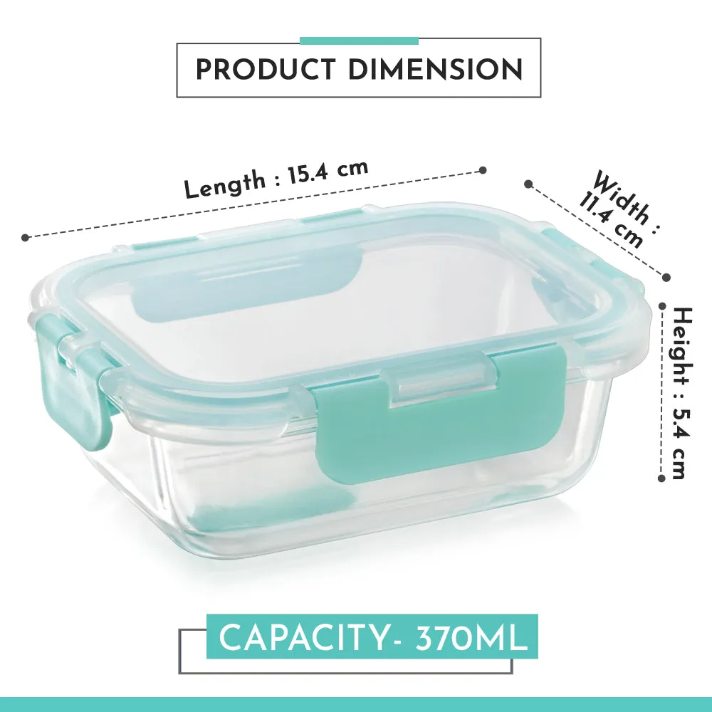 Magnus Glock Glass Food Rectangle Container with Break-Free Detachable Lock, Borosilicate Glass Lunch Box, Oven & Microwave Safe, 370ML - Kitchen Essentials, Lunch Boxes for Office Men | Green