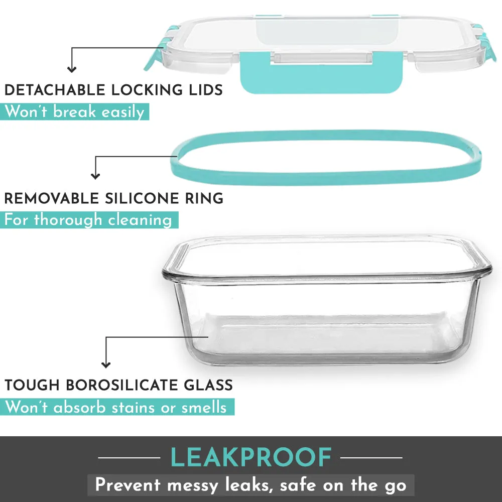Magnus Glock Glass Food Rectangle Container with Break-Free Detachable Lock, Borosilicate Glass Lunch Box, Oven & Microwave Safe, 370ML - Kitchen Essentials, Lunch Boxes for Office Men | Green