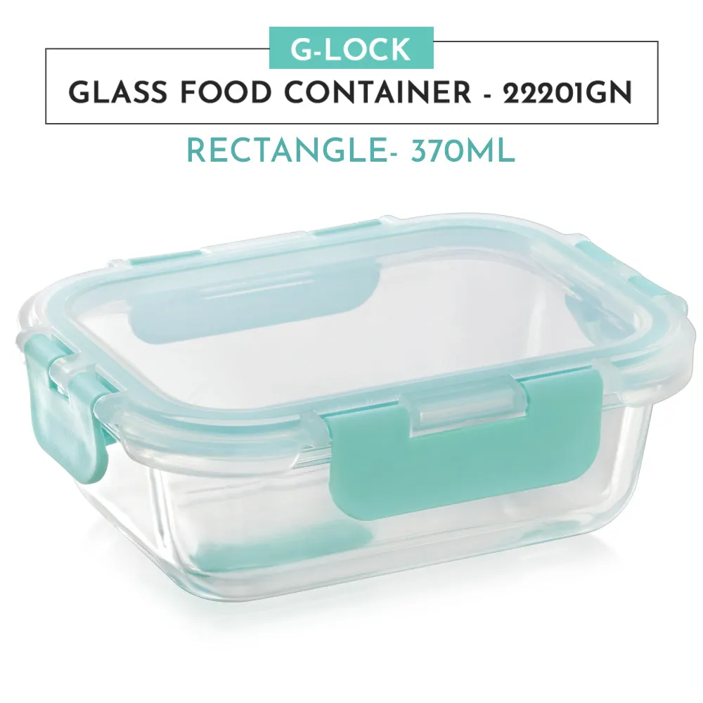Magnus Glock Glass Food Rectangle Container with Break-Free Detachable Lock, Borosilicate Glass Lunch Box, Oven & Microwave Safe, 370ML - Kitchen Essentials, Lunch Boxes for Office Men | Green