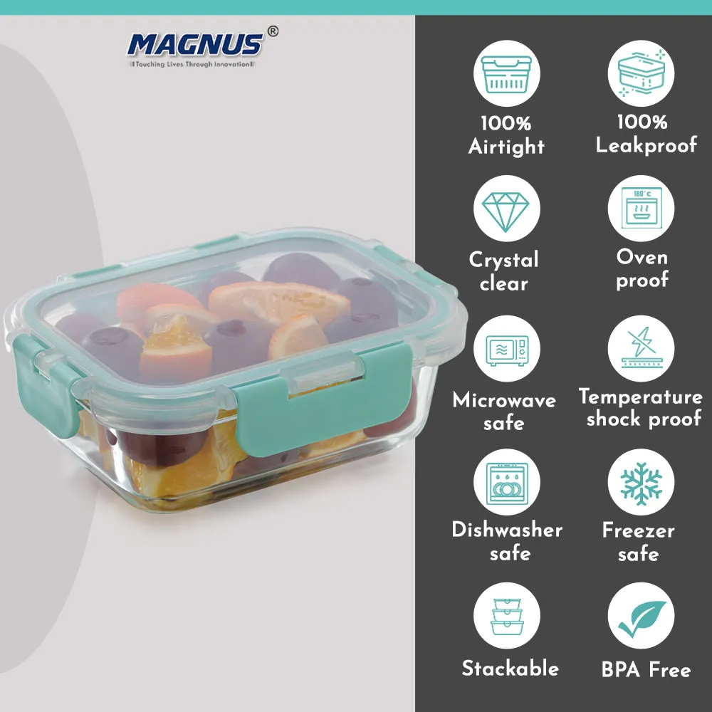 Magnus Glock Glass Food Rectangle Container with Break-Free Detachable Lock, Borosilicate Glass Lunch Box, Oven & Microwave Safe, 370ML - Kitchen Essentials, Lunch Boxes for Office Men | Green