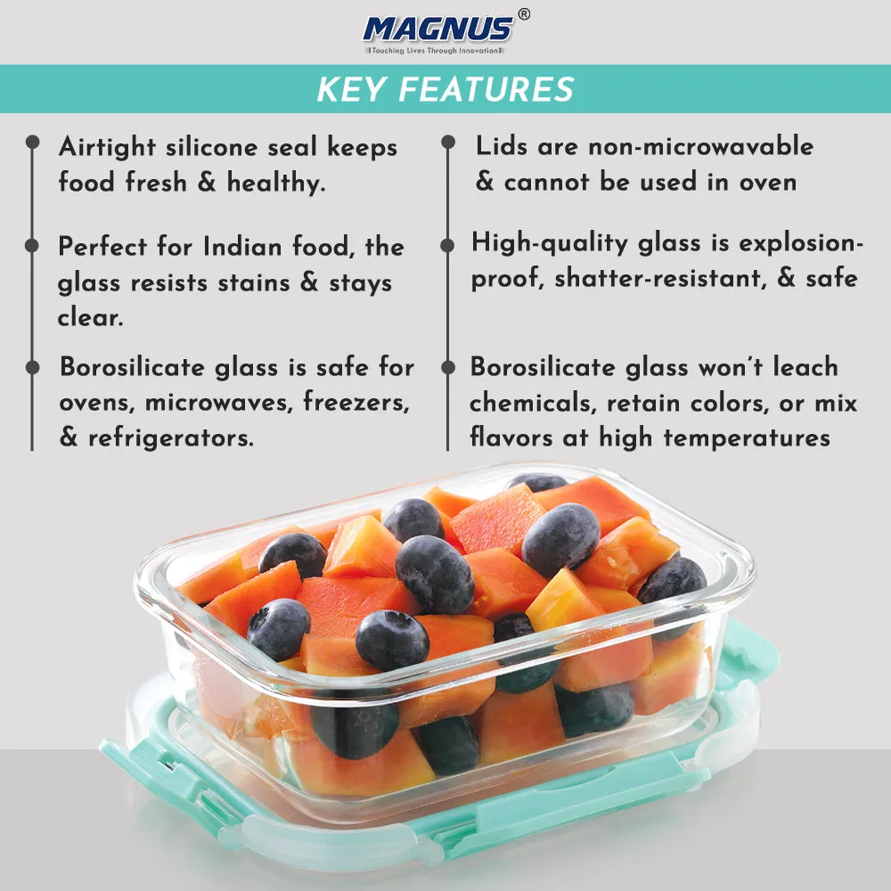Magnus Glock Glass Food Rectangle Container with Break-Free Detachable Lock, Borosilicate Glass Lunch Box, Oven & Microwave Safe, 370ML - Kitchen Essentials, Lunch Boxes for Office Men | Green