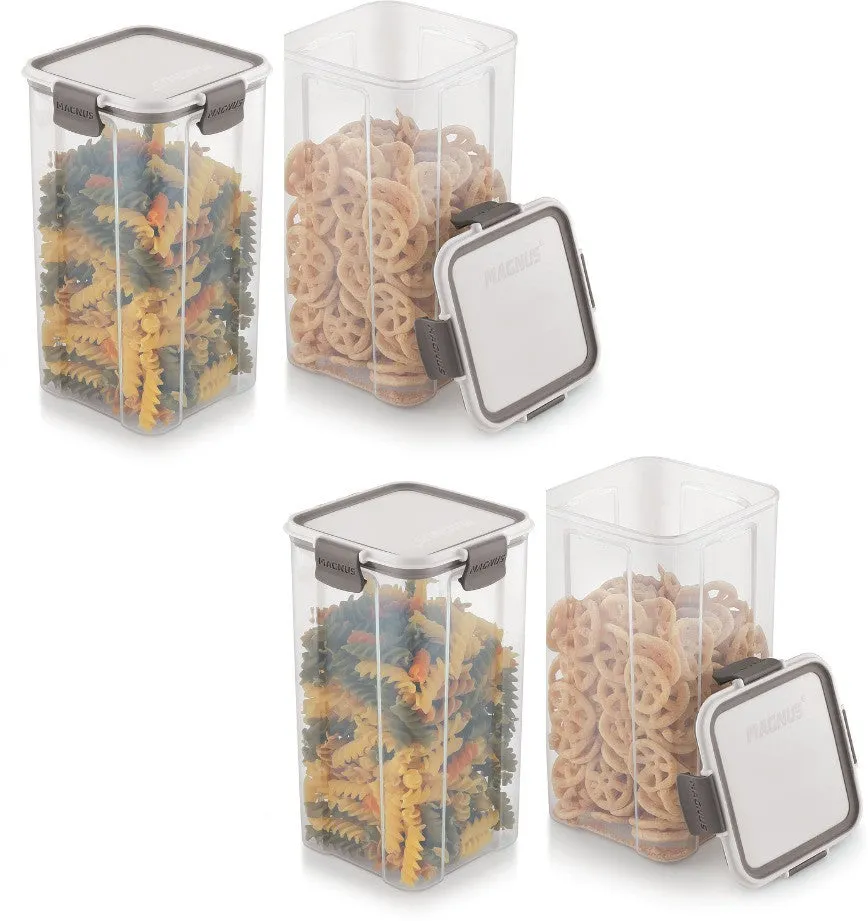 Magnus Modulock Airtight Food Storage See Through Plastic Containers- Set of 4, 1480 ml Each, White & Grey Lid with Clear Bottom