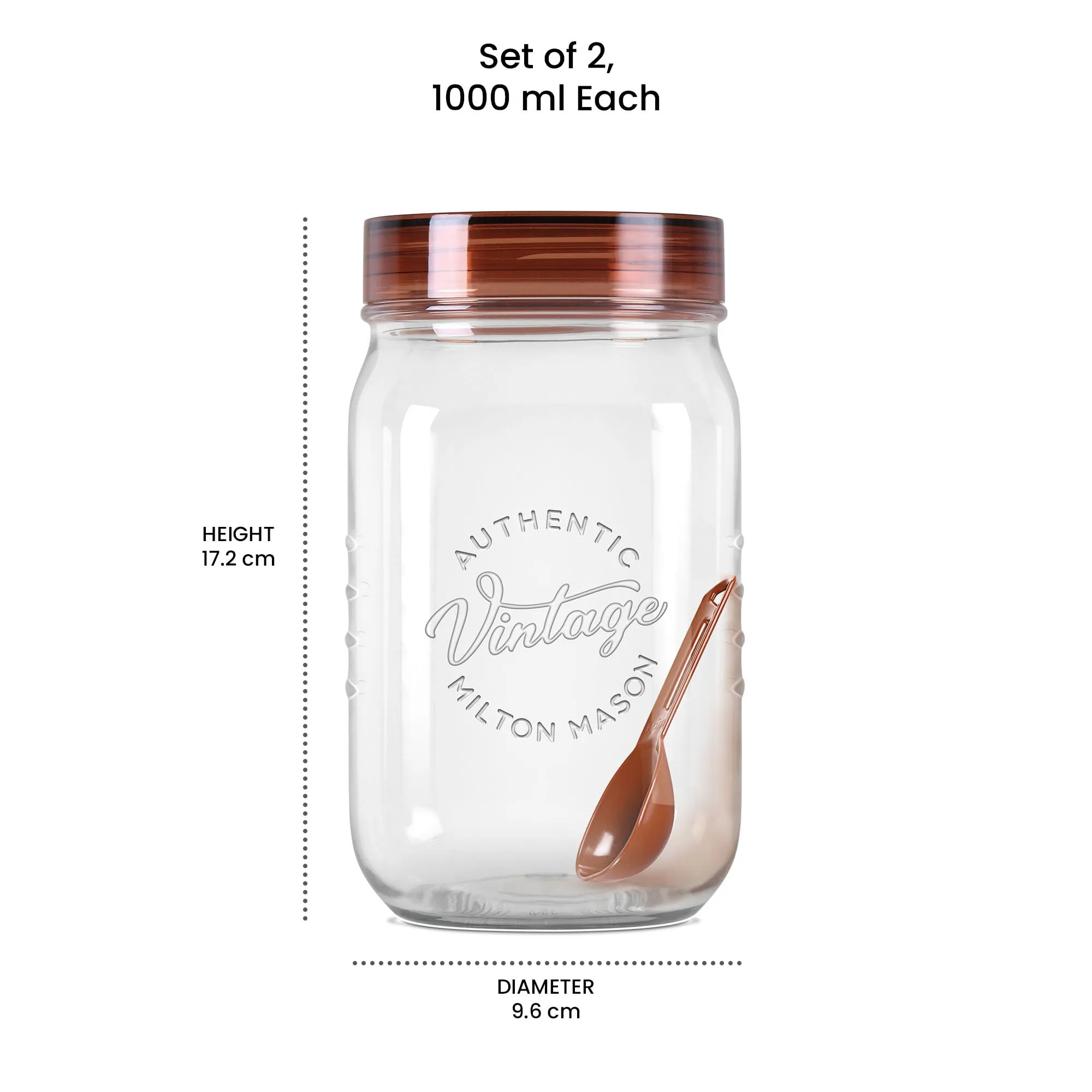 MILTON Vintage Pet Jar Set of 2, 1 Litre Each, Transparent | Food Grade | Air Tight | BPA Free | Food Storage Container, Polyethylene Terephthalate