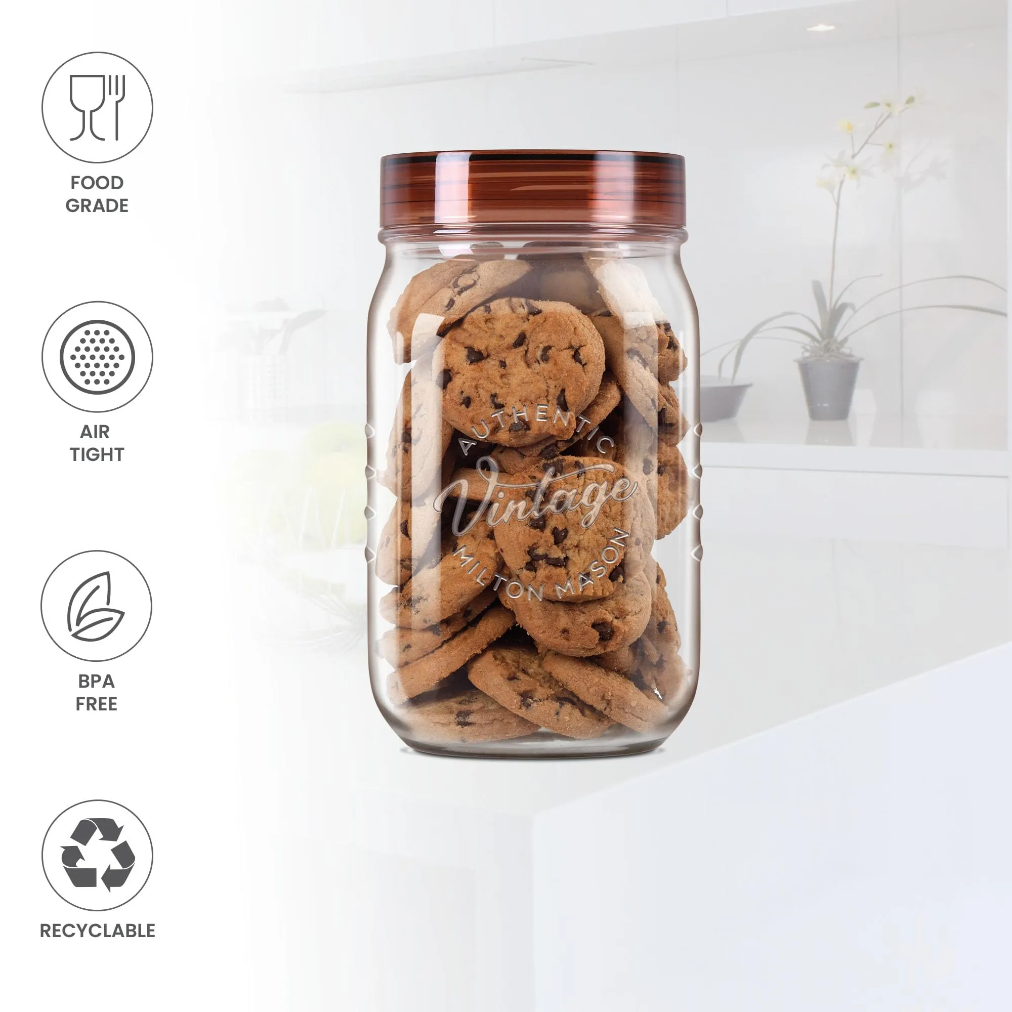 MILTON Vintage Pet Jar Set of 2, 1 Litre Each, Transparent | Food Grade | Air Tight | BPA Free | Food Storage Container, Polyethylene Terephthalate