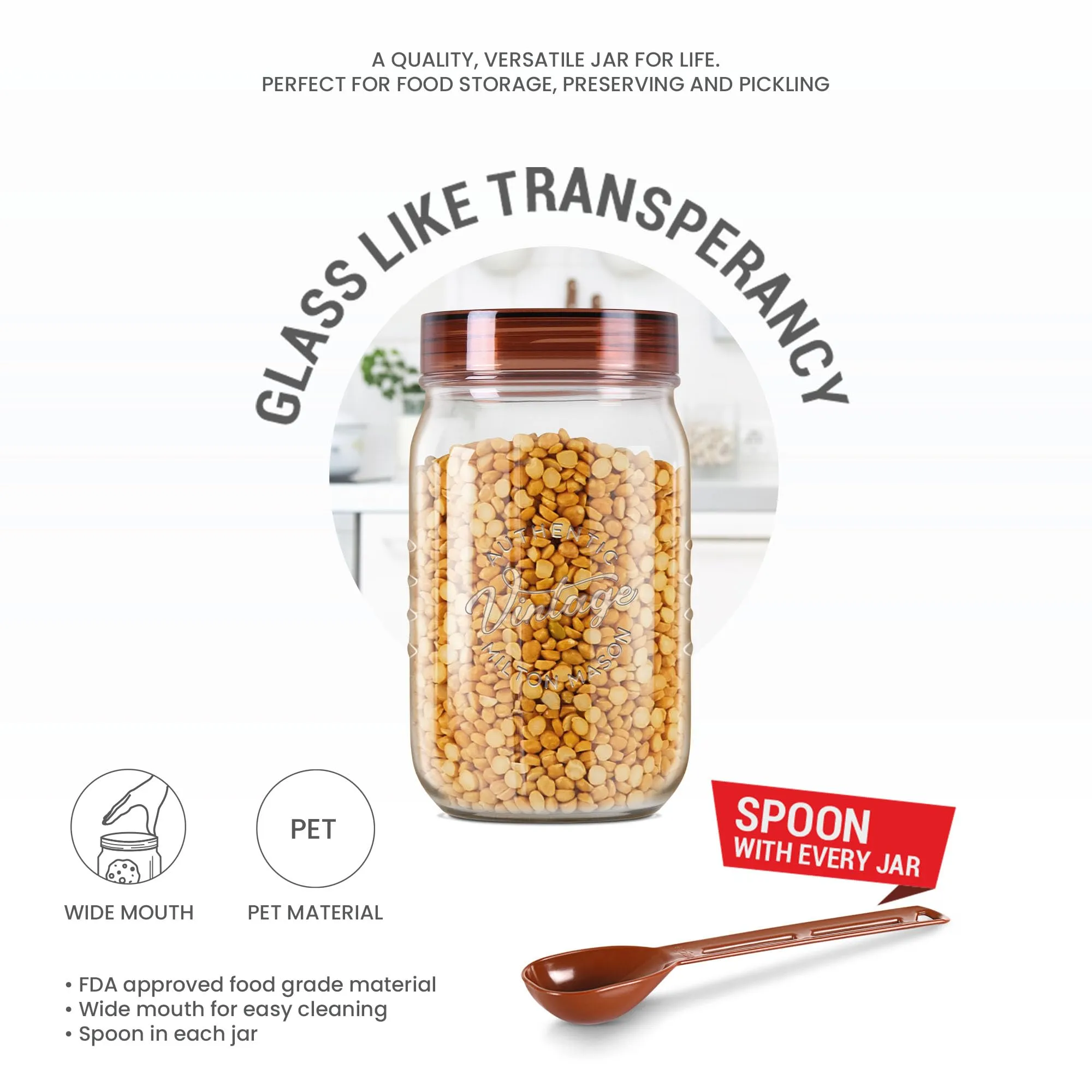 MILTON Vintage Pet Jar Set of 2, 1 Litre Each, Transparent | Food Grade | Air Tight | BPA Free | Food Storage Container, Polyethylene Terephthalate
