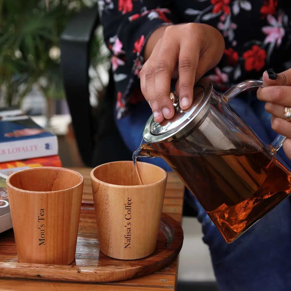 Personalized Birthday Gift Set For Tea Lover | Wooden Tea Cups, Tea Tray and Coaster set