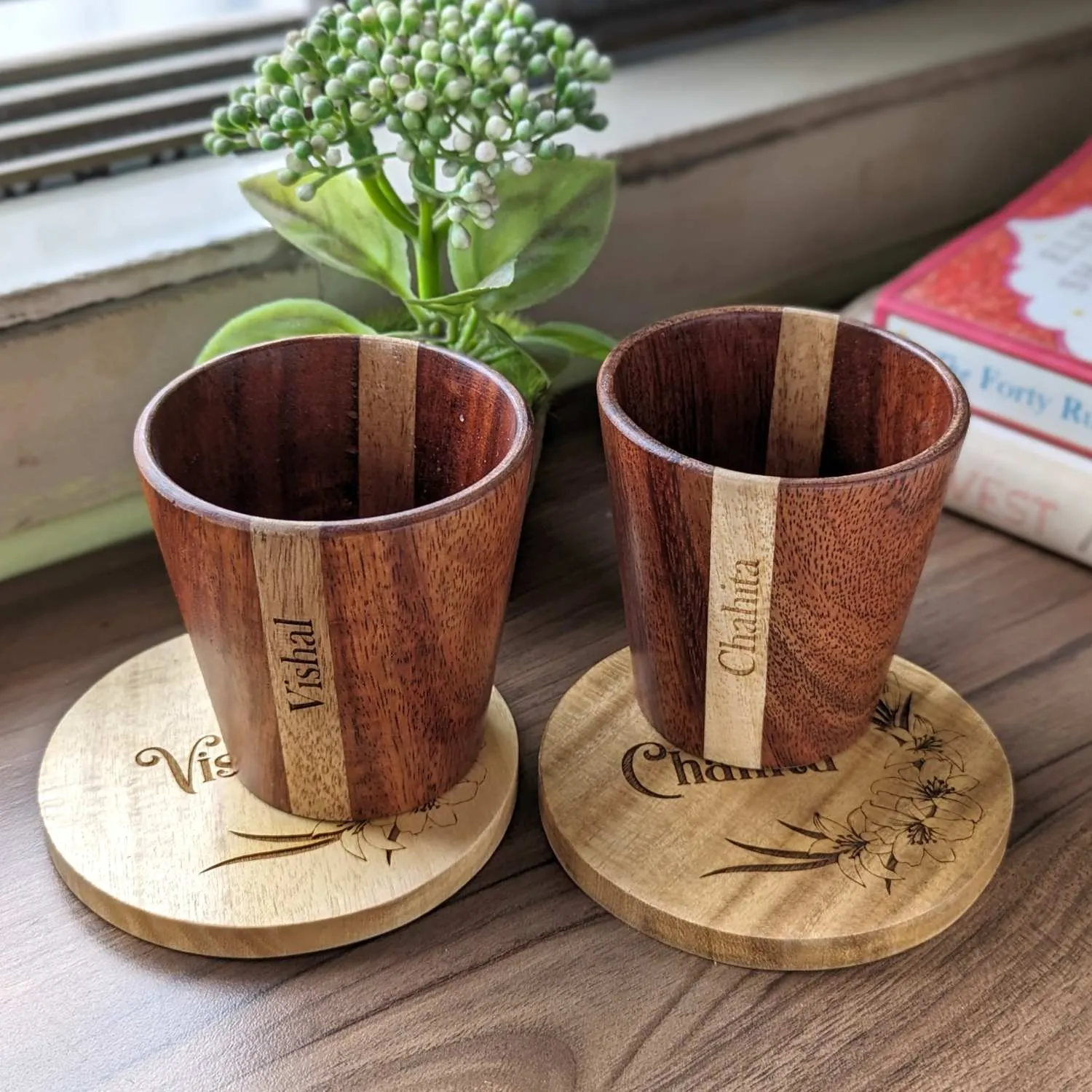 Personalized Gift Set | Wooden Tea Cups, Tea Tray & Coasters With Name Engraved