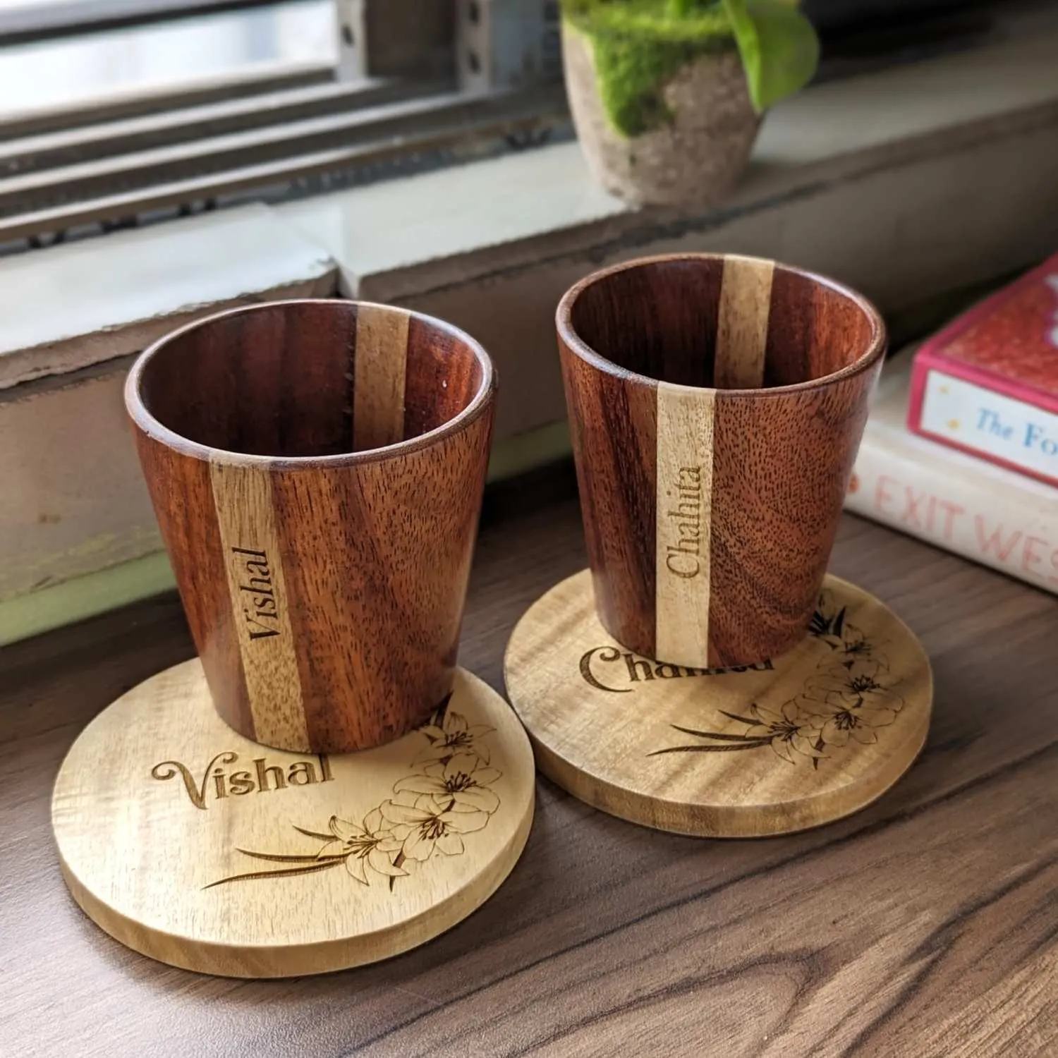 Personalized Gift Set | Wooden Tea Cups, Tea Tray & Coasters With Name Engraved
