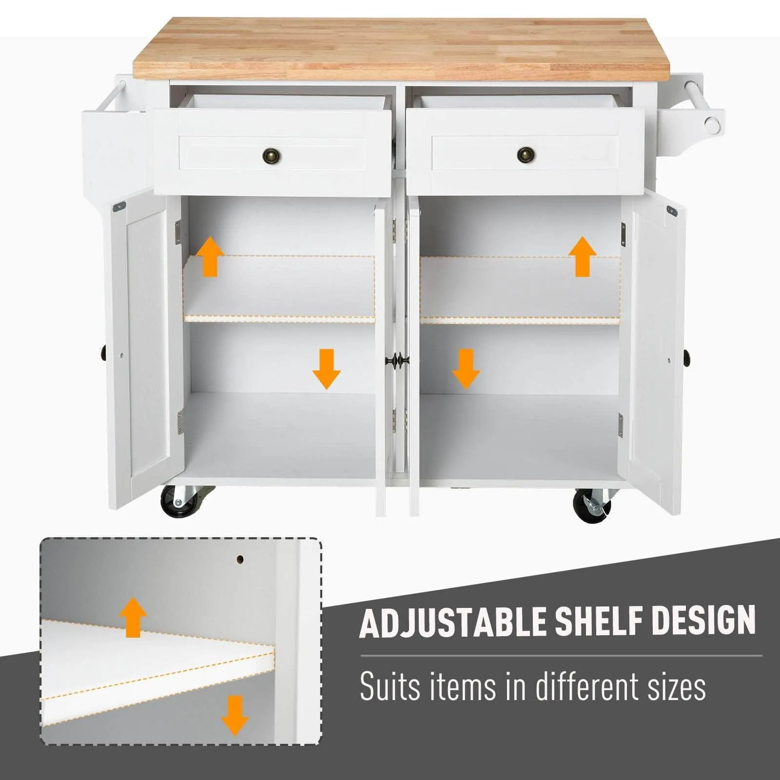 Portable Kitchen Island Trolley Cart with Spice and Towel Rack in White