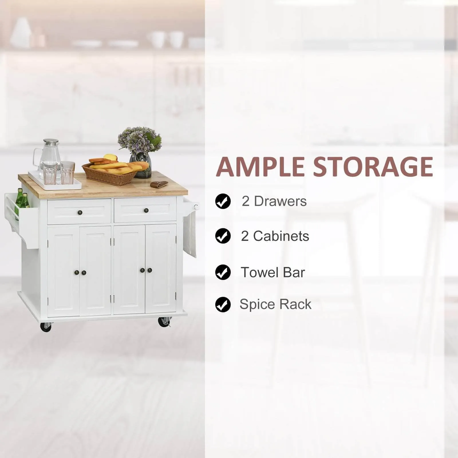 Portable Kitchen Island Trolley Cart with Spice and Towel Rack in White