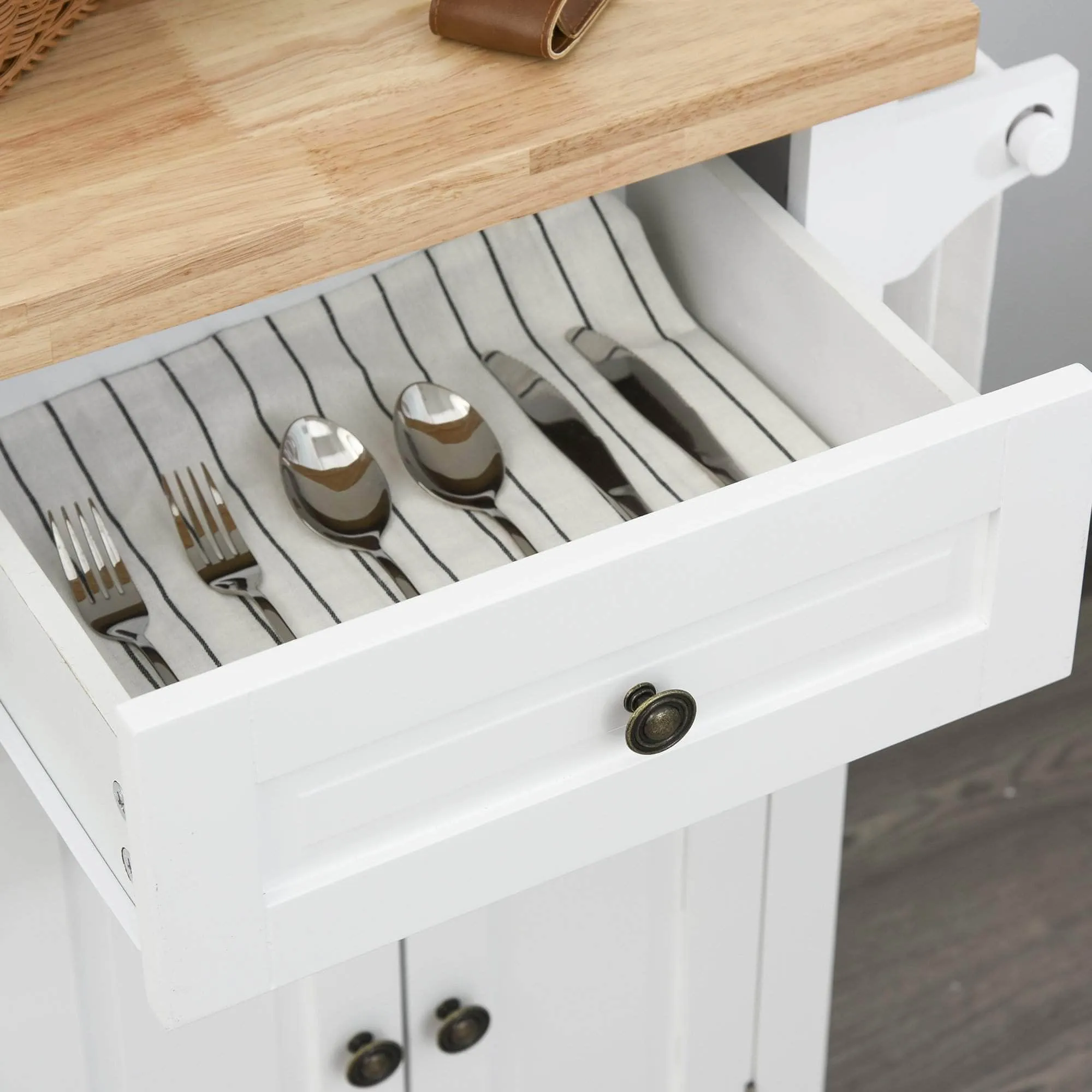 Portable Kitchen Island Trolley Cart with Spice and Towel Rack in White