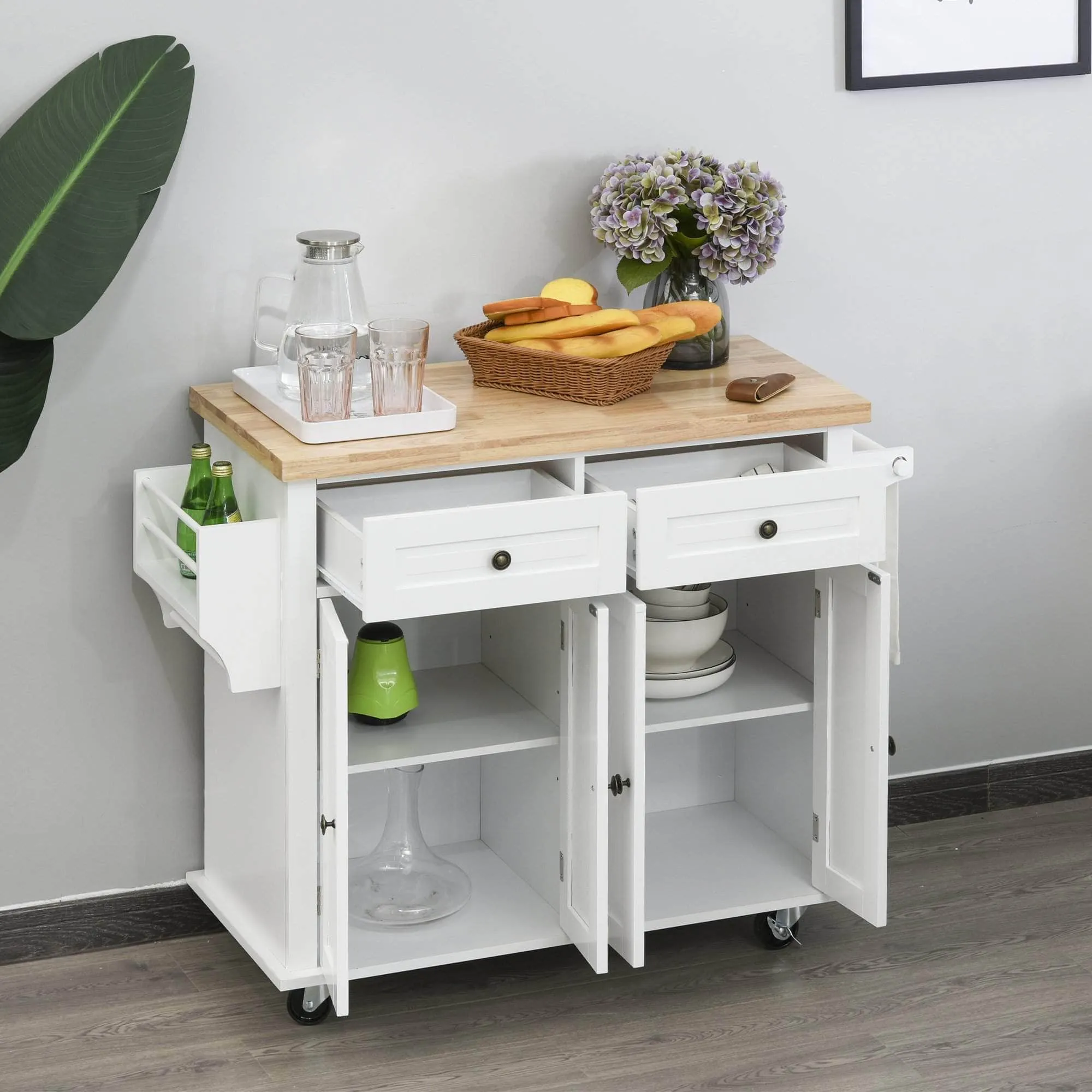 Portable Kitchen Island Trolley Cart with Spice and Towel Rack in White