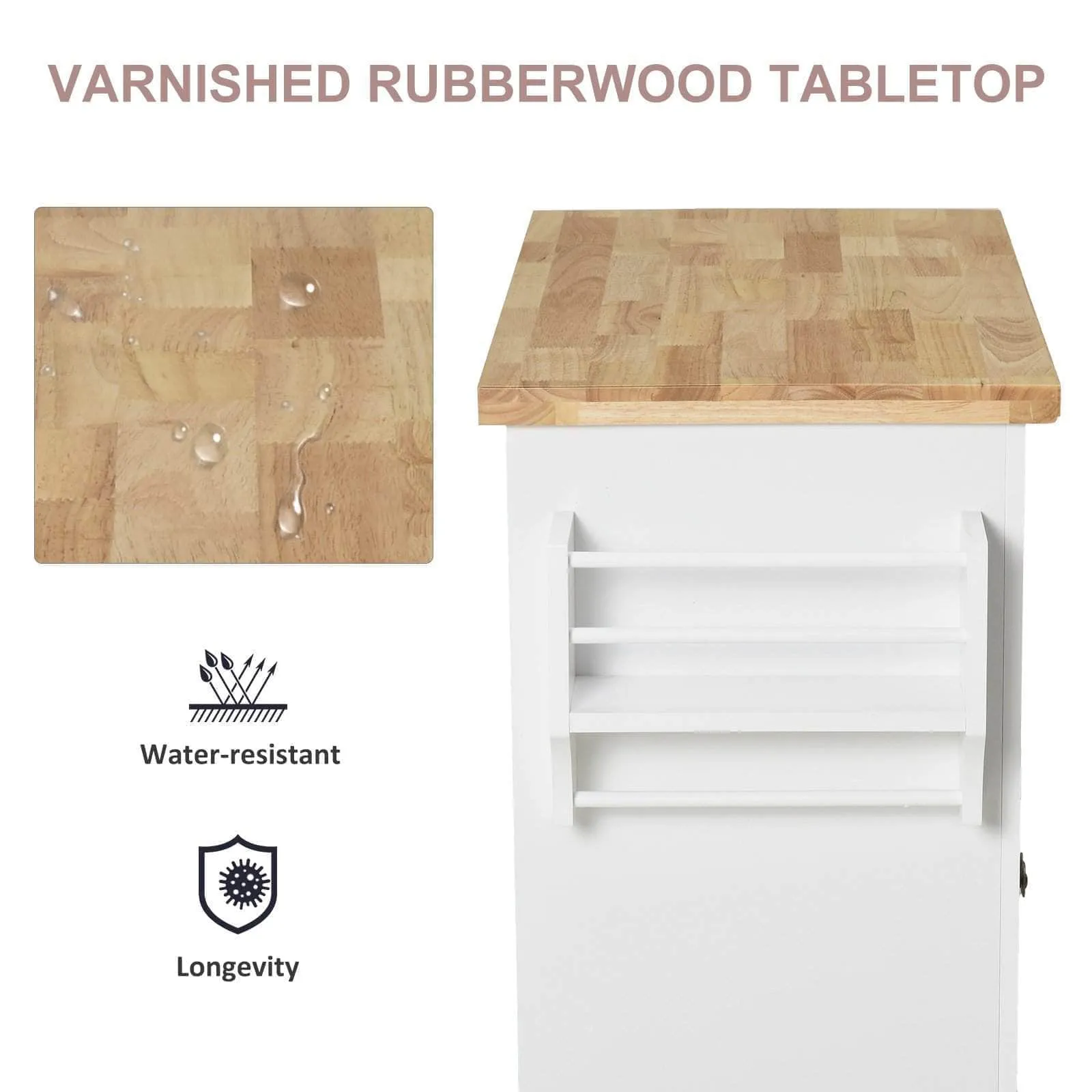 Portable Kitchen Island Trolley Cart with Spice and Towel Rack in White