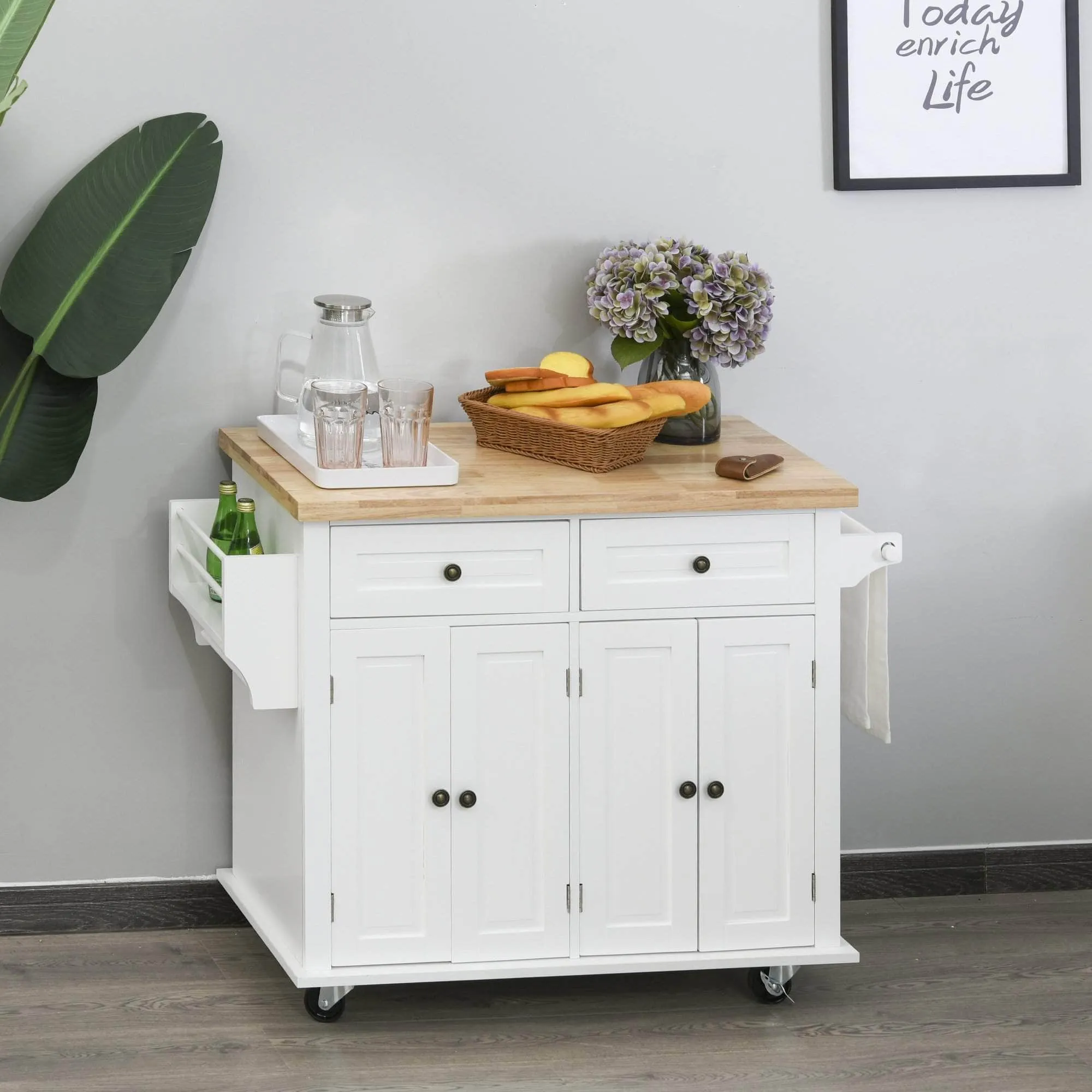 Portable Kitchen Island Trolley Cart with Spice and Towel Rack in White