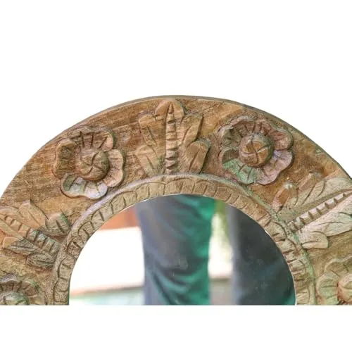PREET SPICE Handcrafted Round Wooden Carved Mirror with Floral Design, 45x45x3 cm