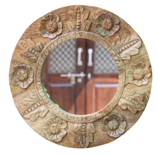 PREET SPICE Handcrafted Round Wooden Carved Mirror with Floral Design, 45x45x3 cm