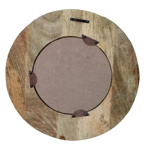 PREET SPICE Handcrafted Round Wooden Carved Mirror with Floral Design, 45x45x3 cm