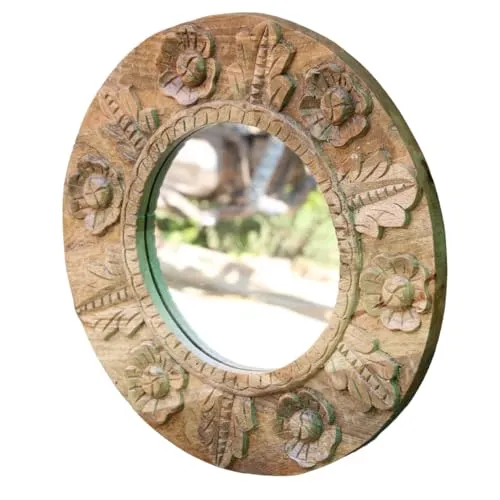PREET SPICE Handcrafted Round Wooden Carved Mirror with Floral Design, 45x45x3 cm