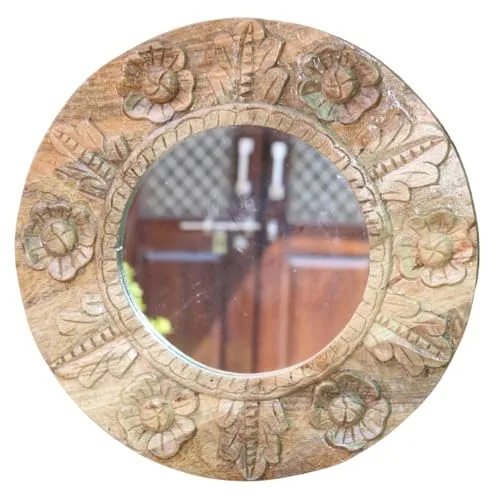 PREET SPICE Handcrafted Round Wooden Carved Mirror with Floral Design, 45x45x3 cm