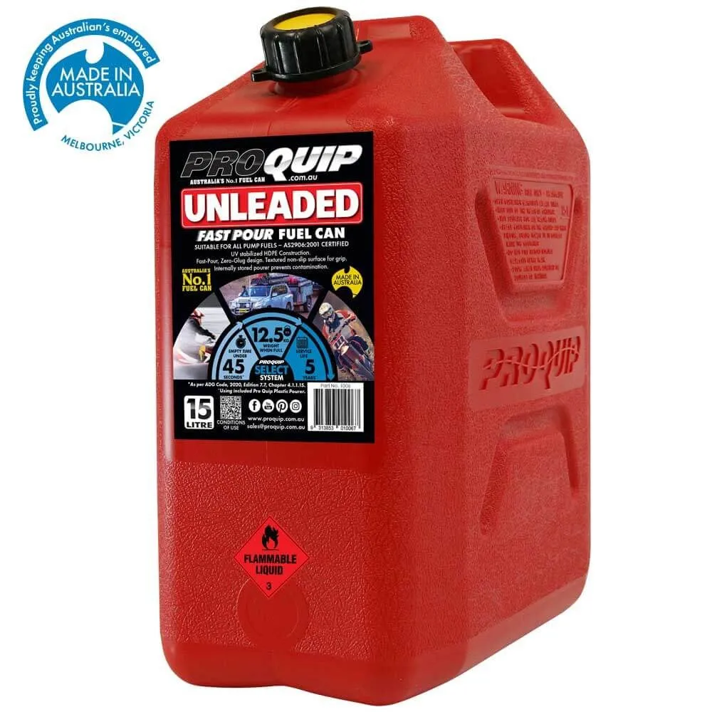 Pro Quip 15L Plastic Fast Pour Fuel Jerry Can - Unleaded Petrol Red - 1006