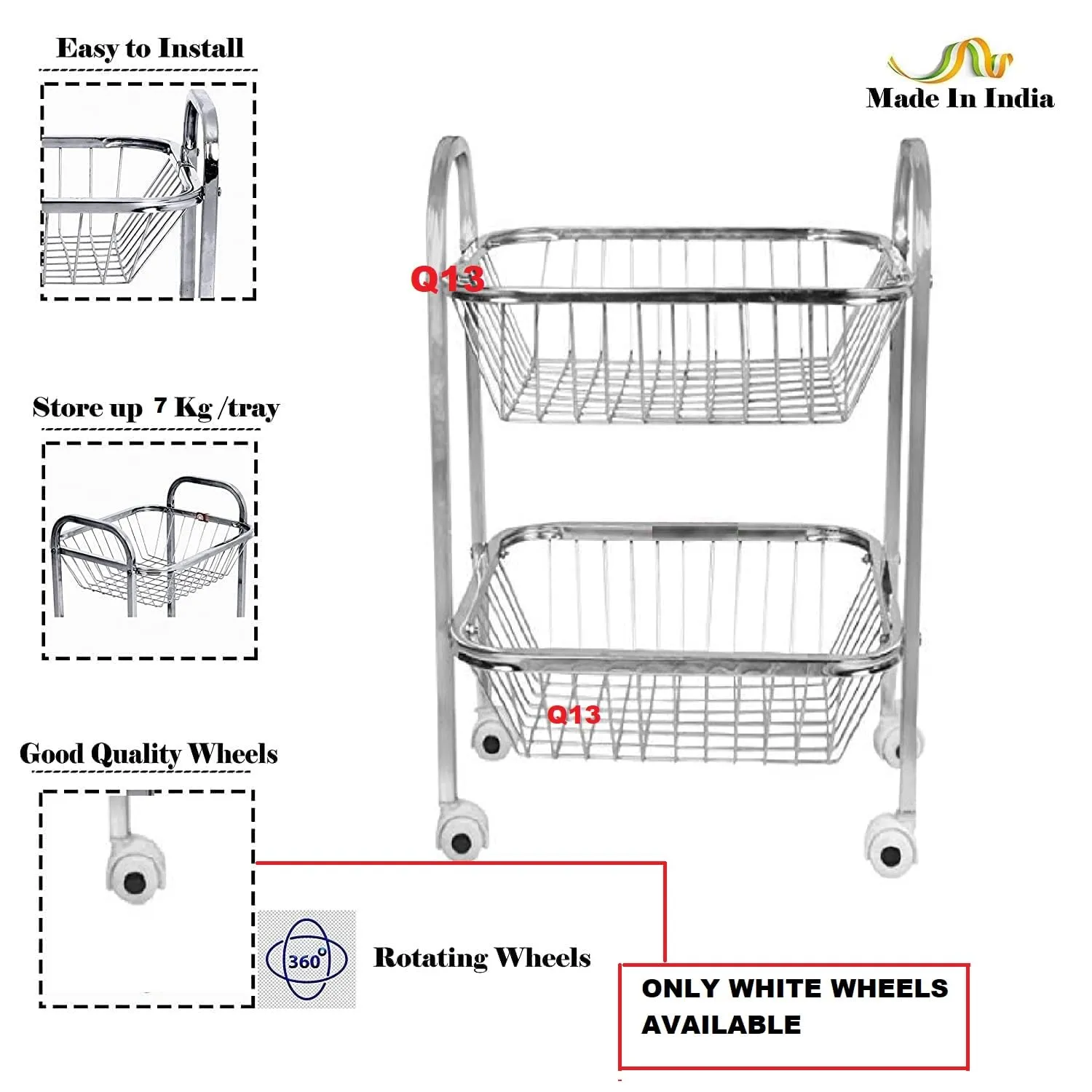 Q13 Stainless Steel Fruit & Vegetable 2 Layer (Tier) Stand Kitchen Trolley/Vegetable Organizer for Kitchen Basket / / Onion Potato Rack for Kitchen/Vegetable Rack for Kitchen (2 lear Trolly)