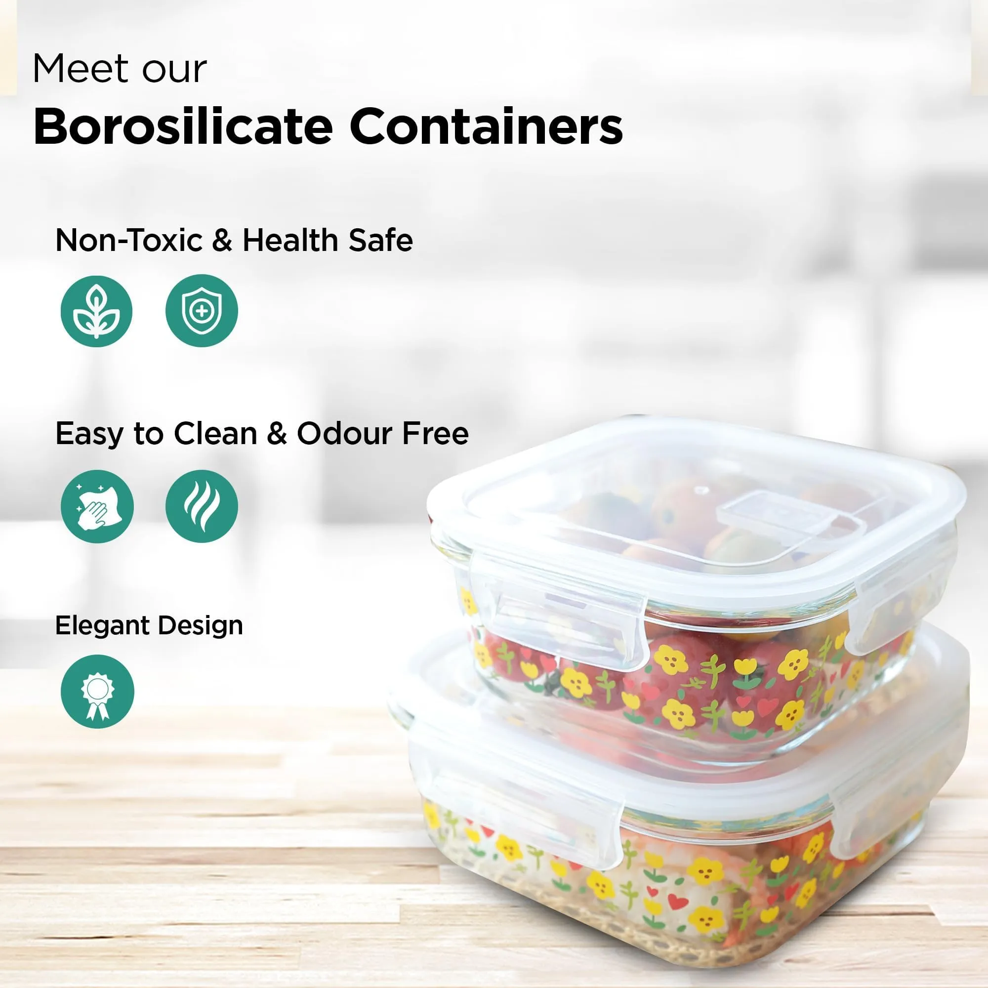 The Better Home Borosilicate Glass Lunch Box Set of 2 | Tiffin Box for Office for Men Women |Lunch Box for Women School Kids |Microwave Safe Leak Proof Airtight Lunch Boxes (800ml & 1230ml, Printed)