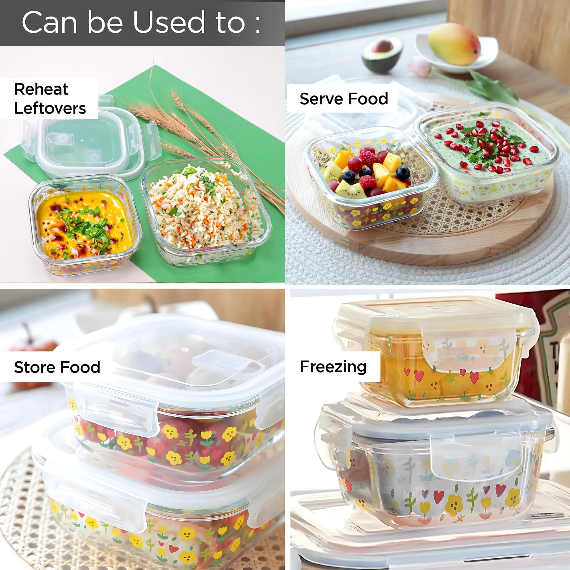 The Better Home Borosilicate Glass Lunch Box Set of 2 | Tiffin Box for Office for Men Women |Lunch Box for Women School Kids |Microwave Safe Leak Proof Airtight Lunch Boxes (800ml & 1230ml, Printed)